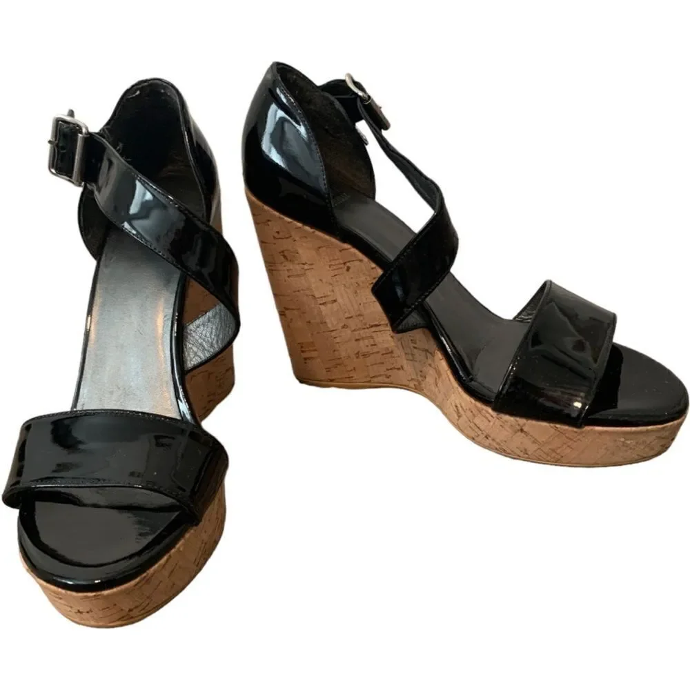 Stuart Weitzman Black Patent Leather Wedge Sandal Size 9.5 - Picture 11 of 14